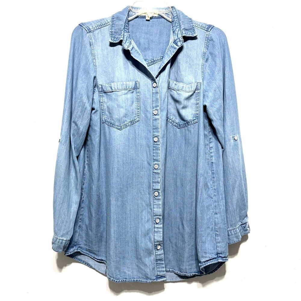 Side Stitch Shirt Blue Chambray Button Up Long Sleeve Collared Blouse Women XS